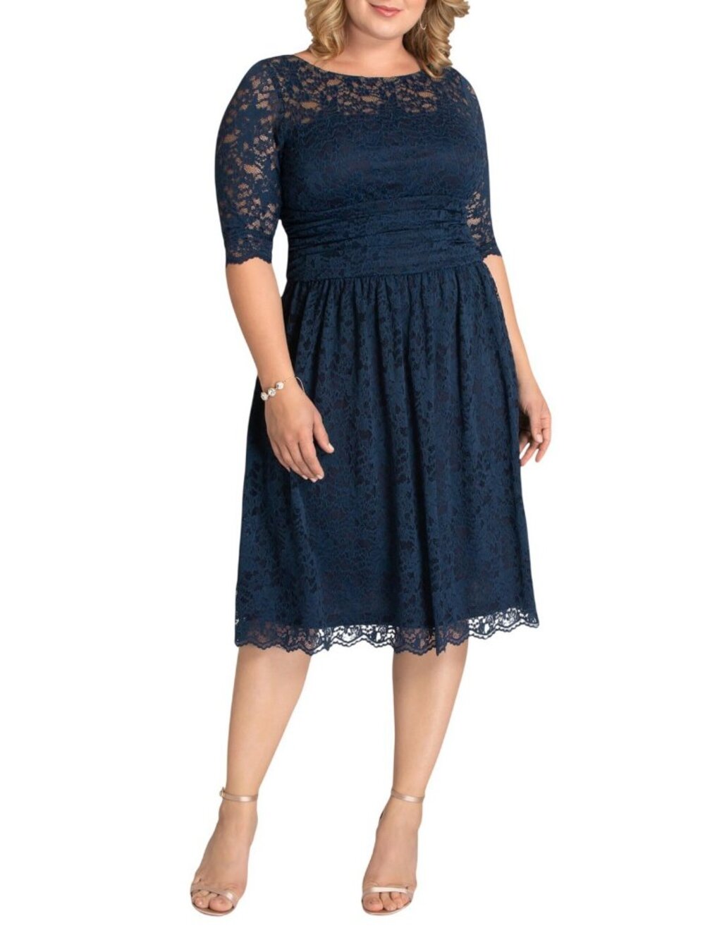 NWT Kiyonna Mesh Lace 3/4 Sleeve Cocktail Midi Dress 12120901 Indigo Blue 2X